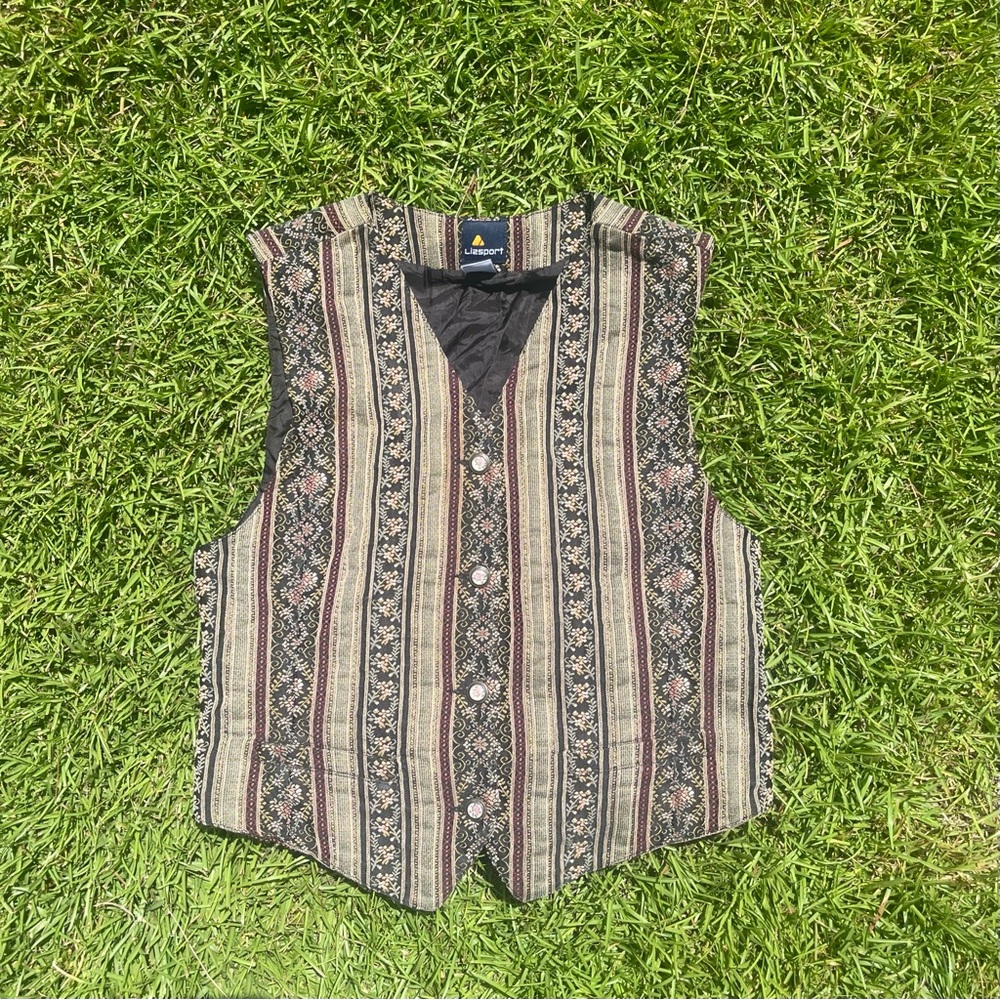 Vintage 90s Liz Sport  Women's Vest Size 10 Beige Stripe Floral Button Up Top